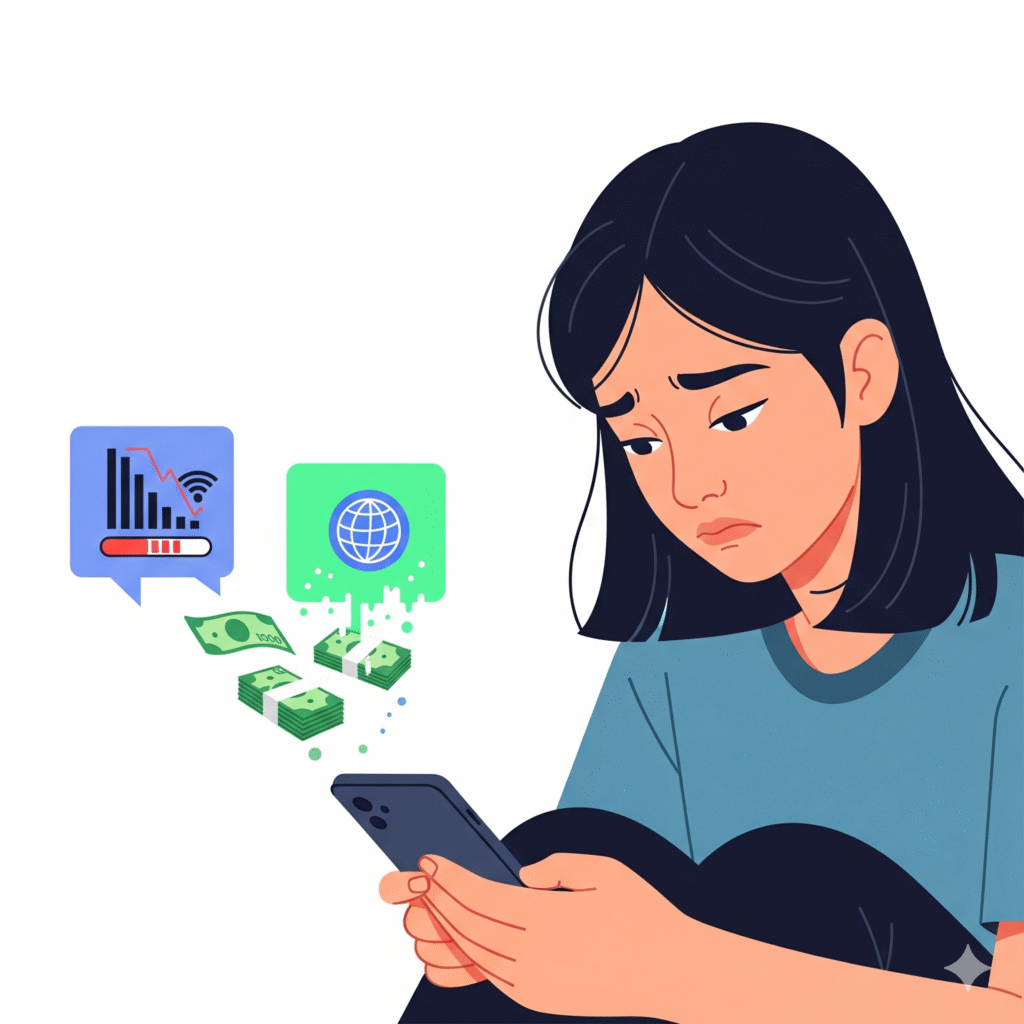 seorang wanita muda Indonesia, wajah terlihat sedih karena tidak bisa membuka media sosial di smartphone.